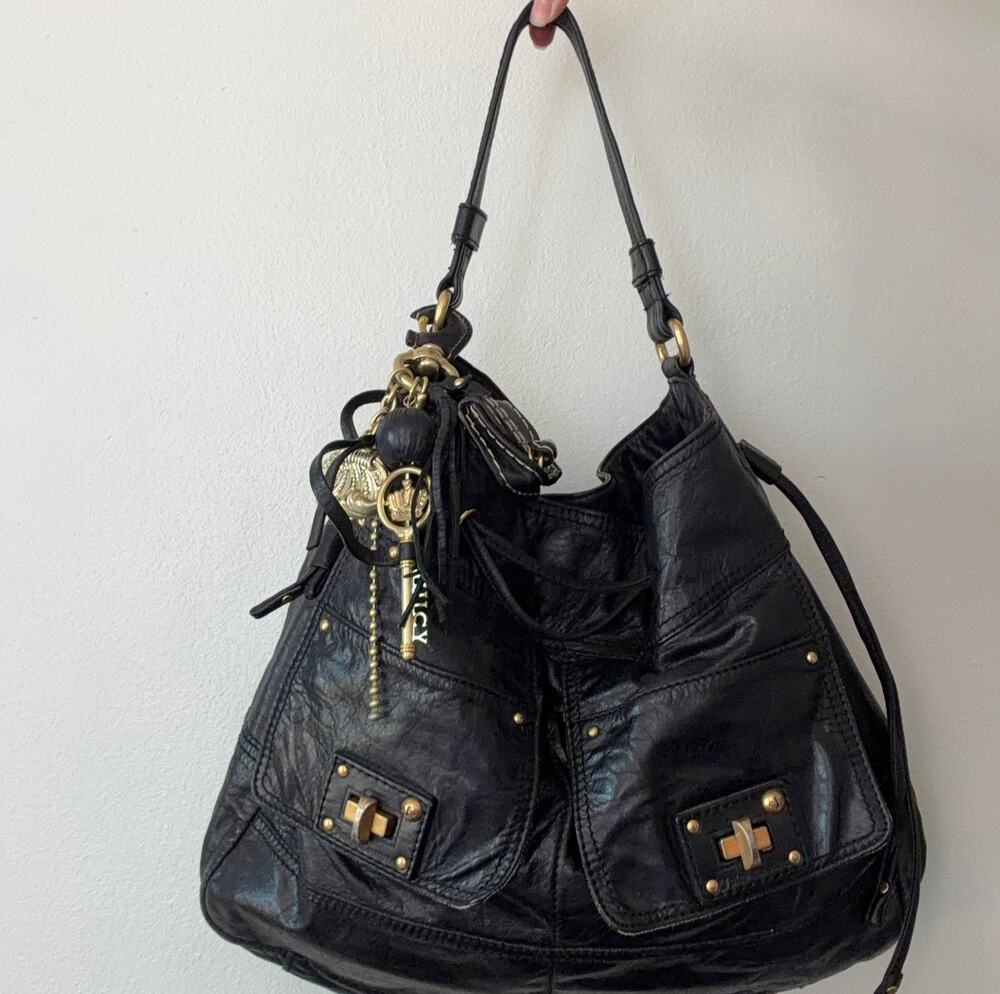 Vintage Juicy Couture Black Genuine Leather Hobo Shoulder Bag Purse Y2K Charms